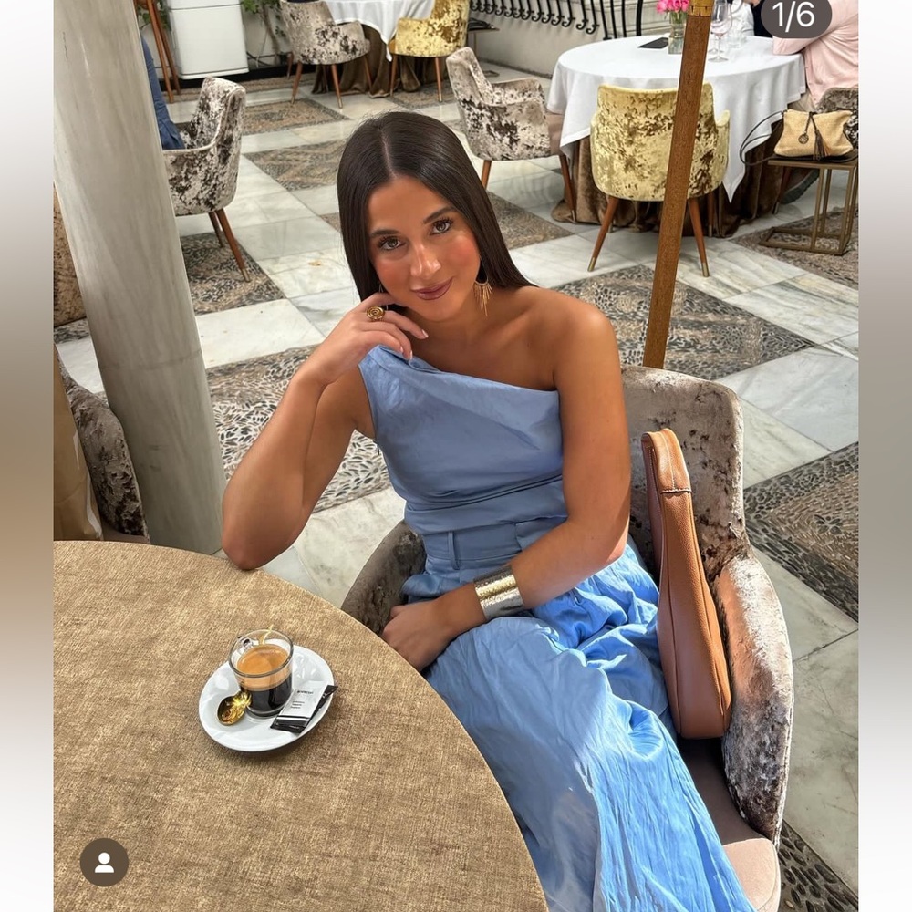 Zara Light Blue One-Shoulder Top and Wide-Leg Pants Set - Picture 2 of 16